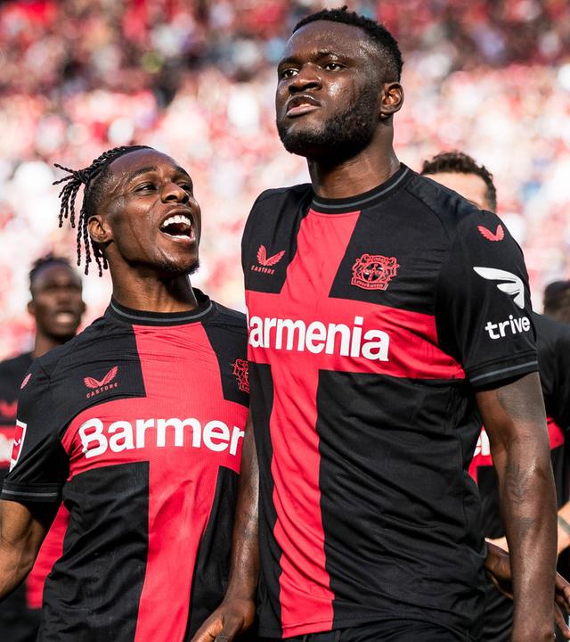 LeverkusensTorschütze Victor Boniface jubelt am 24.09.2023 zum 1:0.