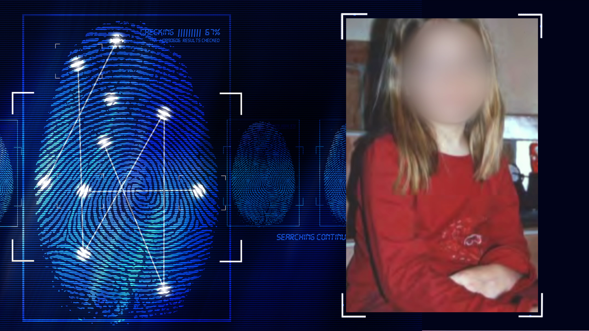 Portraitfoto der 8-jährigen Levke (Opfer). Das Gesicht wurde technisch verfremdet. Links daneben: Lichtschematische Darstellung eines Fingerabdrucks.