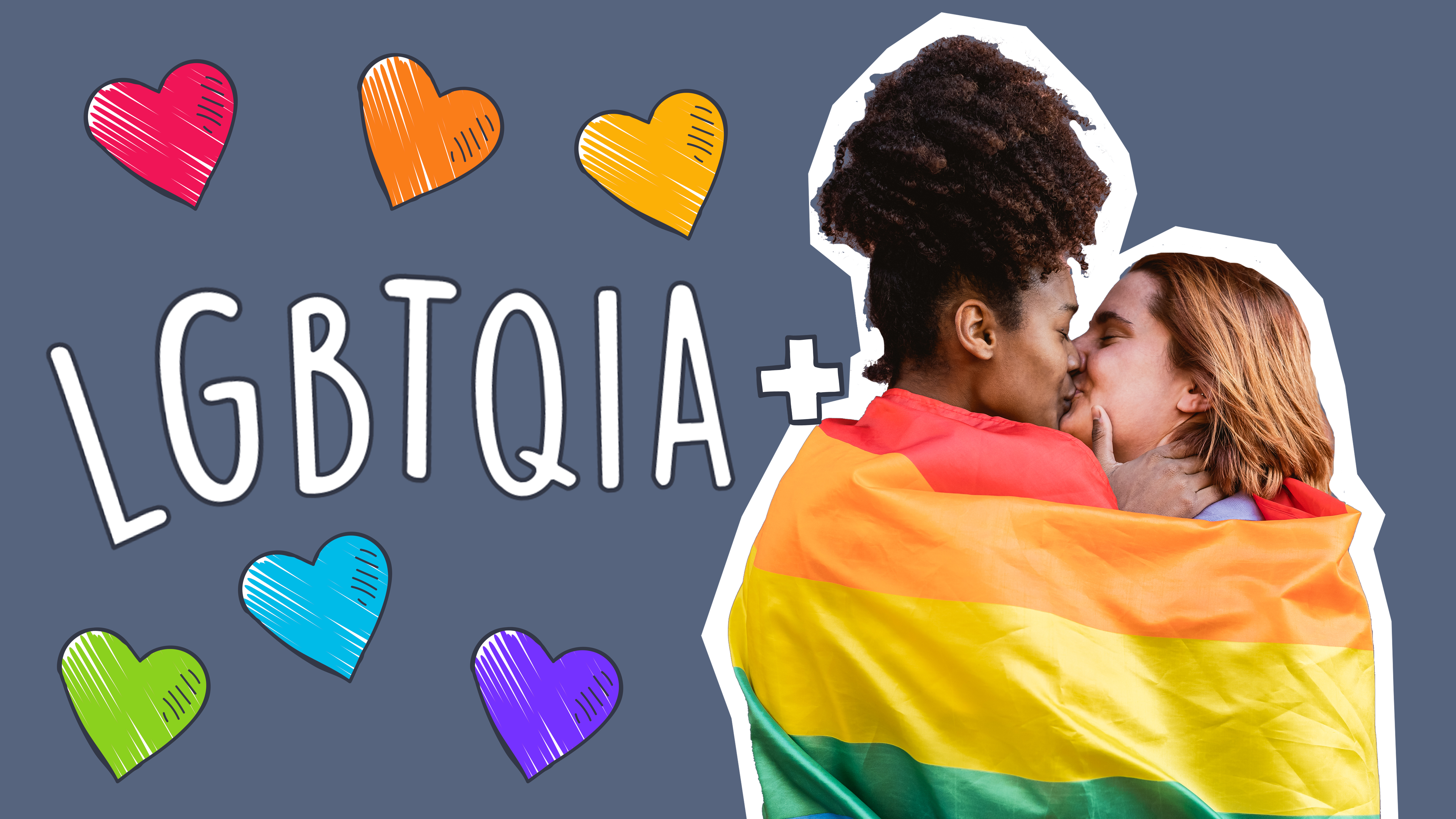 Lesbisches Paar, Herzchen in Regenbogenfarben und ein LGBTQIA+-Schriftzug