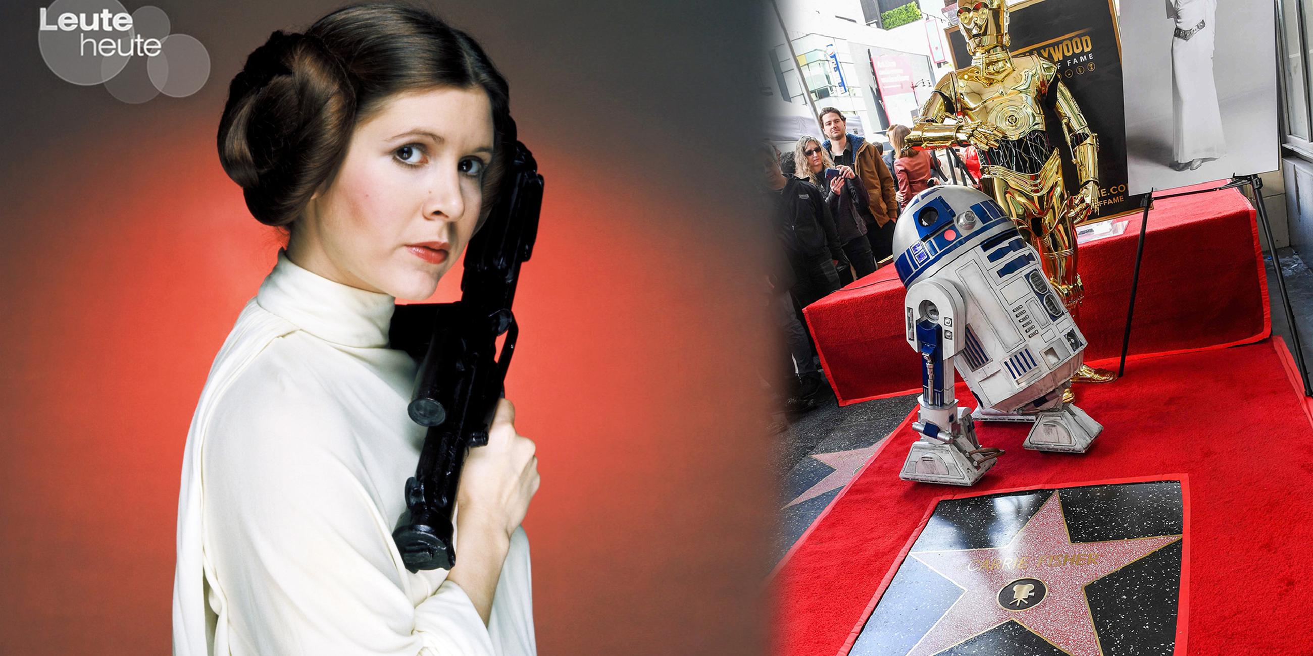 Montage: Carrie Fisher als Princess Leia und die Roboter Dreipeo und R2D2.