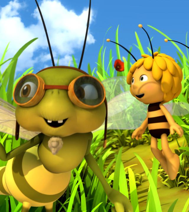 Libelle Otto (links mit Fliegerbrille) bringt Maja (mitte) und Willi (rechts) noch einige Flugtricks bei.