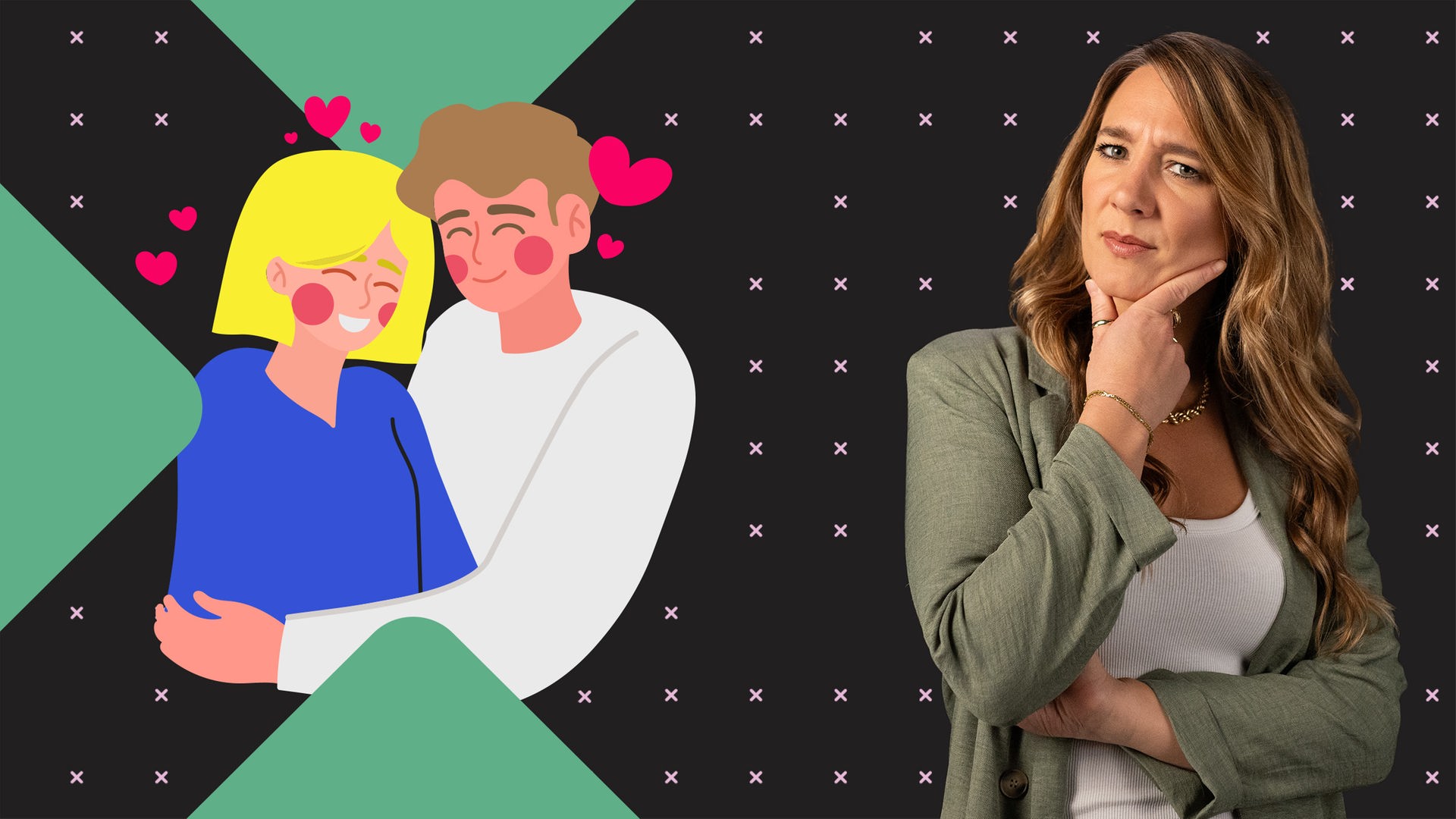 Jasmina Neudecker steht im Vordergrund in einer nachdenklichen Pose. Neben ihr ist eine Grafik zu sehen, die ein verliebtes Paar zeigt, umgeben von schwebenden Herzen. 