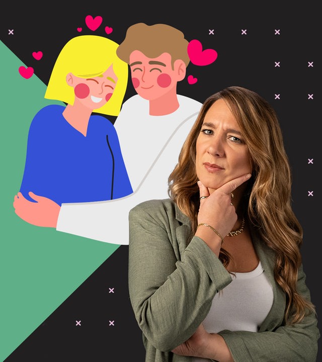 Jasmina Neudecker steht im Vordergrund in einer nachdenklichen Pose. Neben ihr ist eine Grafik zu sehen, die ein verliebtes Paar zeigt, umgeben von schwebenden Herzen. 