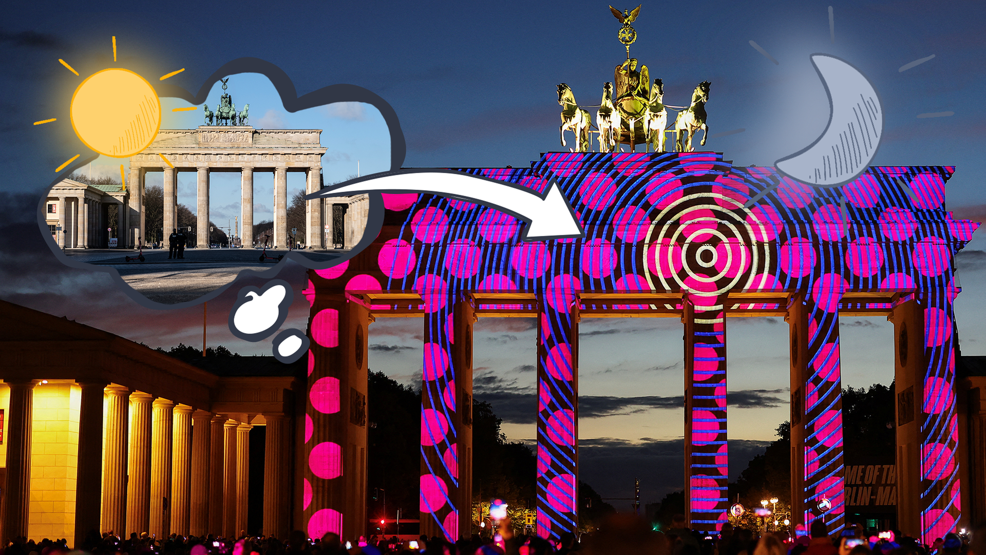 Das Brandenburger Tor ohne Beleuchtung am Tag und mit pinker Beleuchtung am Abend.