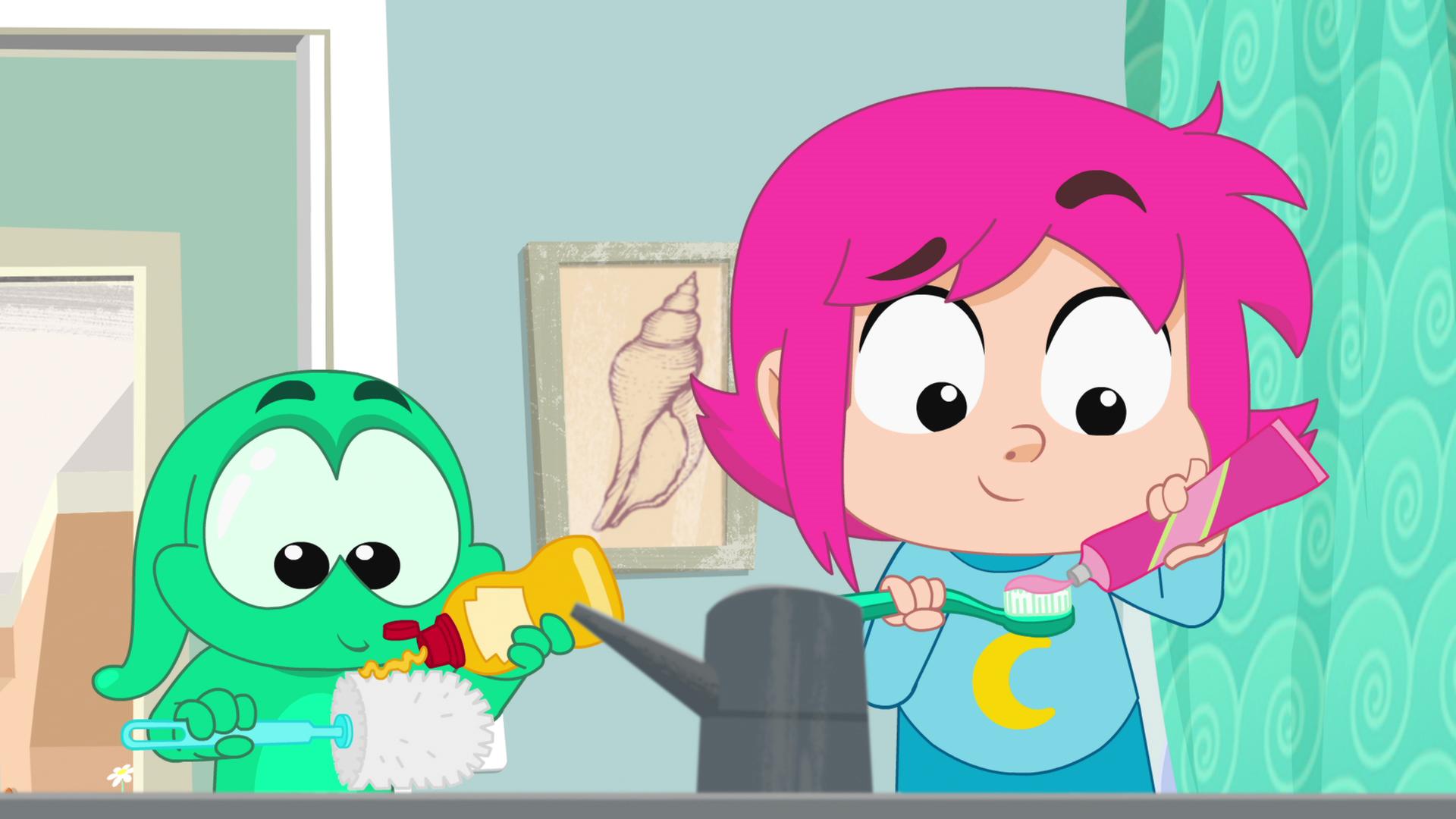 Ernest und Rebecca putzen sich im Badezimmer die Zähne.