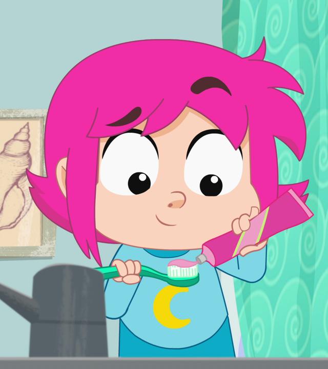 Ernest und Rebecca putzen sich im Badezimmer die Zähne.