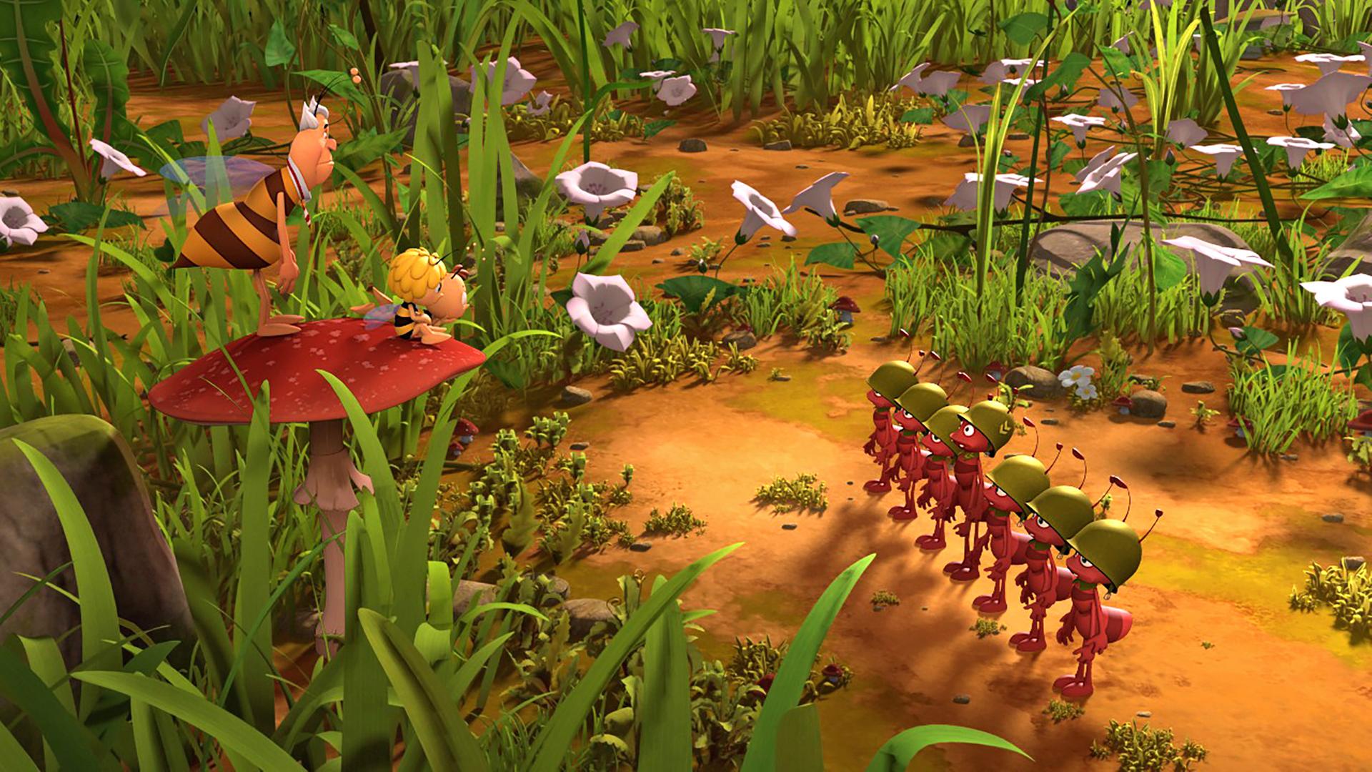 Die Ameisen stehen in einer Reihe (re), während sie von Richter Bienenwachs, Maja und Willi (li) von den Blüten aus beobachtet werden.