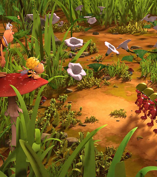 Die Ameisen stehen in einer Reihe (re), während sie von Richter Bienenwachs, Maja und Willi (li) von den Blüten aus beobachtet werden.