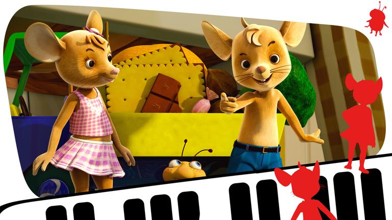 Jo, Naya und Ludwig stehen vor einem Handkarren gefüllt mit Leckereien