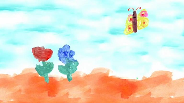 Eine Zeichnung mit einem Schmetterling, der über ein Feld mit zwei Blumen fliegt.