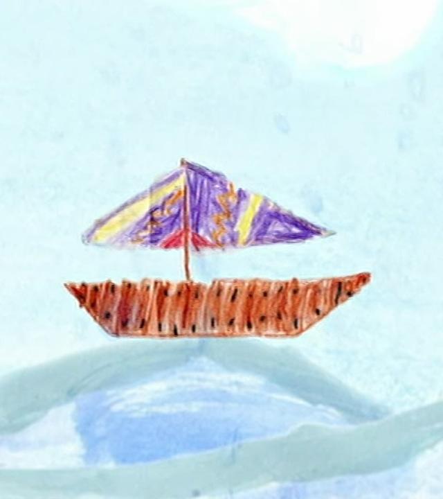 Eine Zeichnung mit einem Boot auf dem Meer
