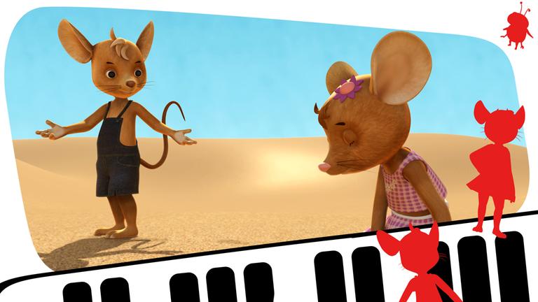 Jo und Naya stehen umgeben von Sand und die Sonne scheint von oben. Naya ist erschöpft.