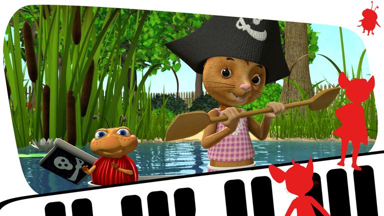 Ludwig und Naya sitzen als Piraten verkleidet in einem Ruderboot.