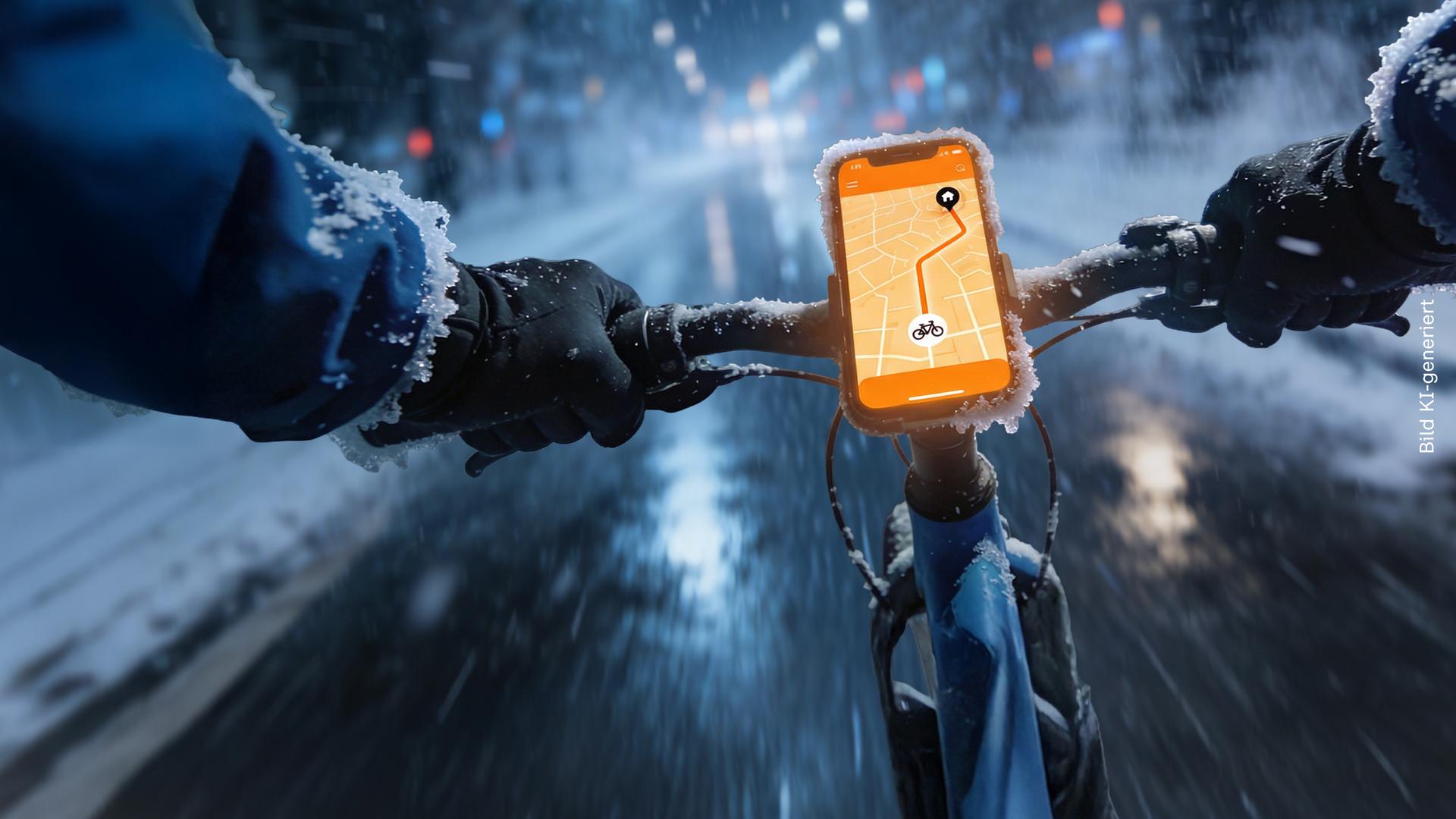 Ein Fahrradlenker, an dem ein Handy festgemacht ist, das eine Route anzeigt. Zwei Hände am Rand des Fahrradlenkers. Im Hintergrund ist die Straße zu erkennen.