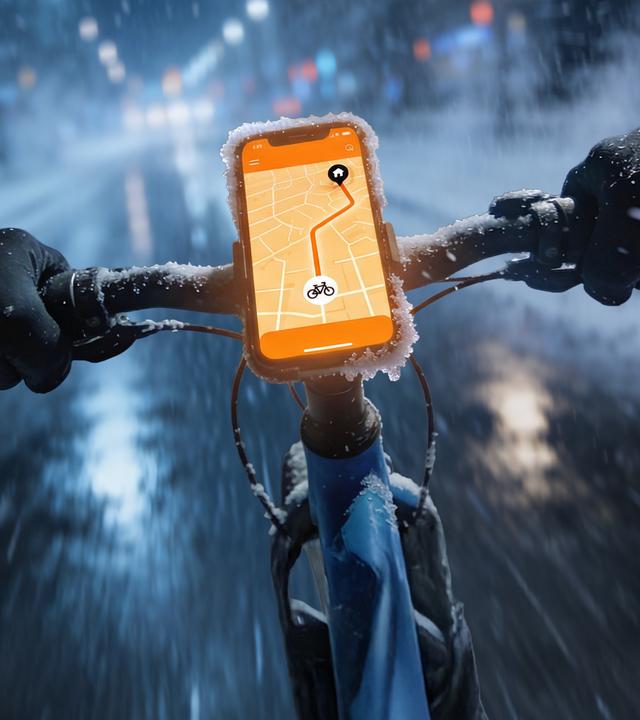 Ein Fahrrandlenker an dem ein Handy festgemacht ist, das eine Route anzeigt. Zwei Hände am Rand des Fahrradlenkers. Im Hintergrund ist die Straße zu erkennen.