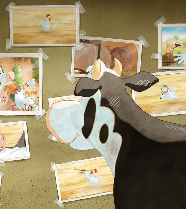 Lieselotte steht vor einer Wand voller Fotos von ihren Freunden.