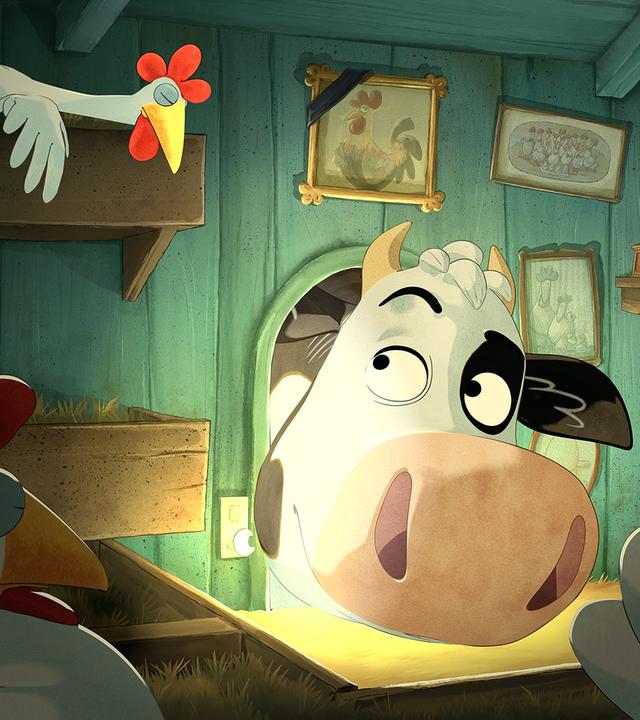 Lieselotte steckt den Kopf in den Hühnerstall rein. Dort liegen mehrere Hühner auf kleinen Betten und schlafen.