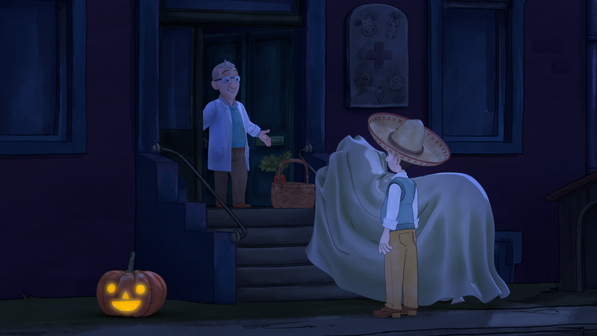 Lieselotte und der Postbote stehen verkleidet vor einer Haustür, in der ein Mann steht.