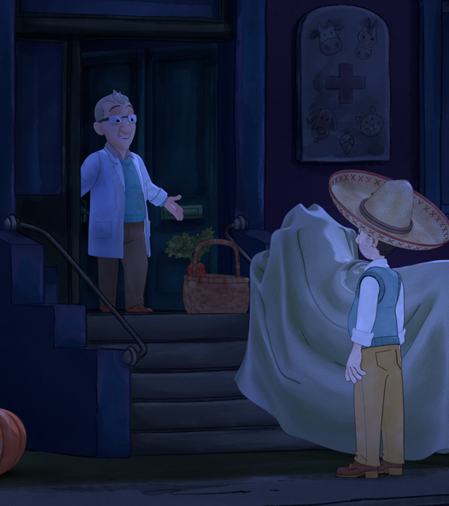 Lieselotte und der Postbote stehen verkleidet vor einer Haustür, in der ein Mann steht.