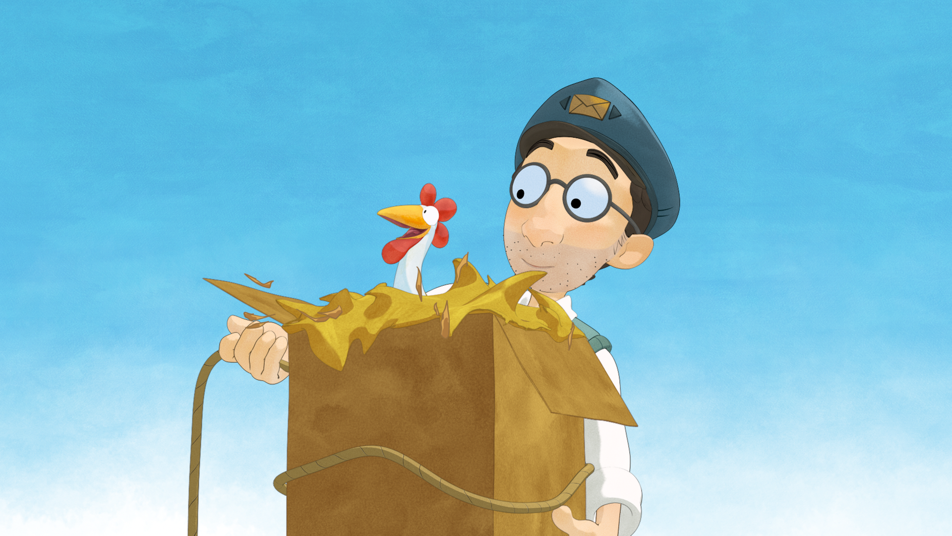 Der Postbote hat ein Päckchen in der Hand, aus der ein Huhn herausguckt.