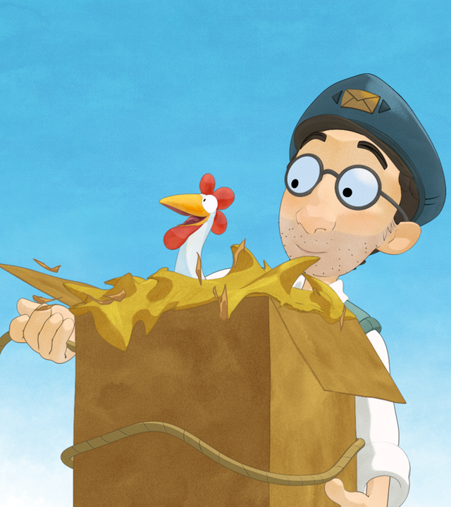 Der Postbote hat ein Päckchen in der Hand, aus der ein Huhn herausguckt.