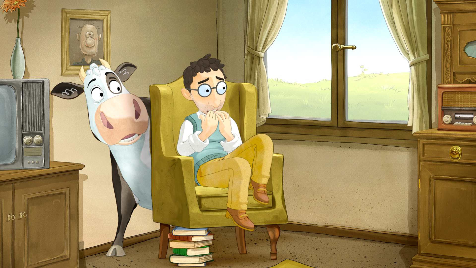 Der Postbote sitzt auf einem Sessel und sieht ängstlich aus. Hinter dem Sessel versteckt sich Lieselotte. Auch sie schaut verängstigt.