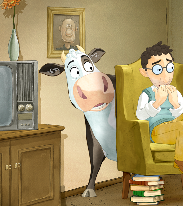 Der Postbote sitzt auf einem Sessel und sieht ängstlich aus. Hinter dem Sessel versteckt sich Lieselotte. Auch sie schaut verängstigt.