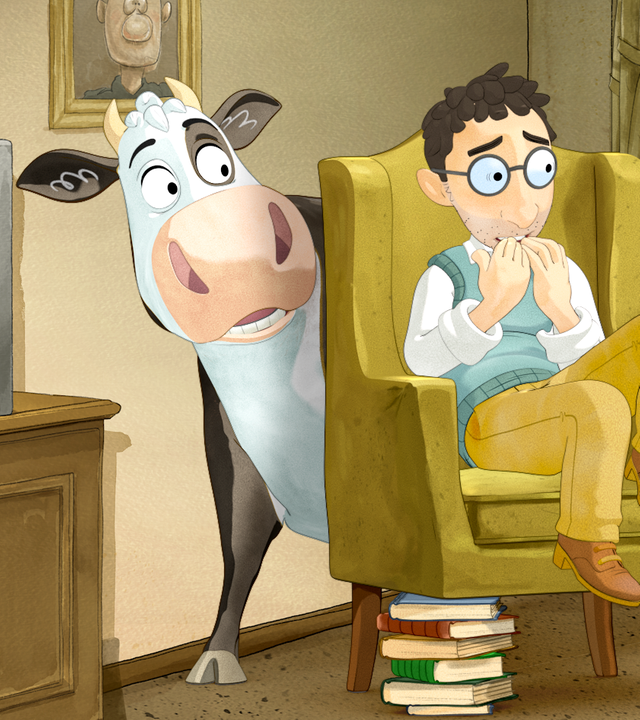 Der Postbote sitzt auf einem Sessel und sieht ängstlich aus. Hinter dem Sessel versteckt sich Lieselotte. Auch sie schaut verängstigt.