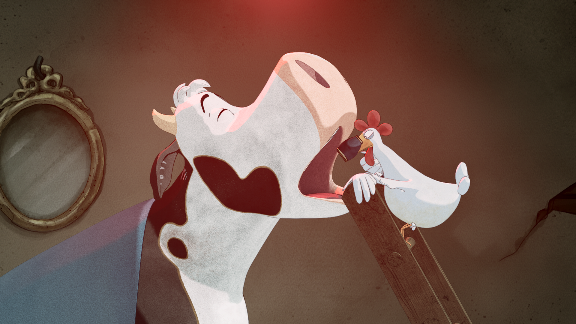 Lieselotte steht mit weit geöffneten Mund da. Ein Huhn scheint ihr mit Rotlicht in den Rachen.