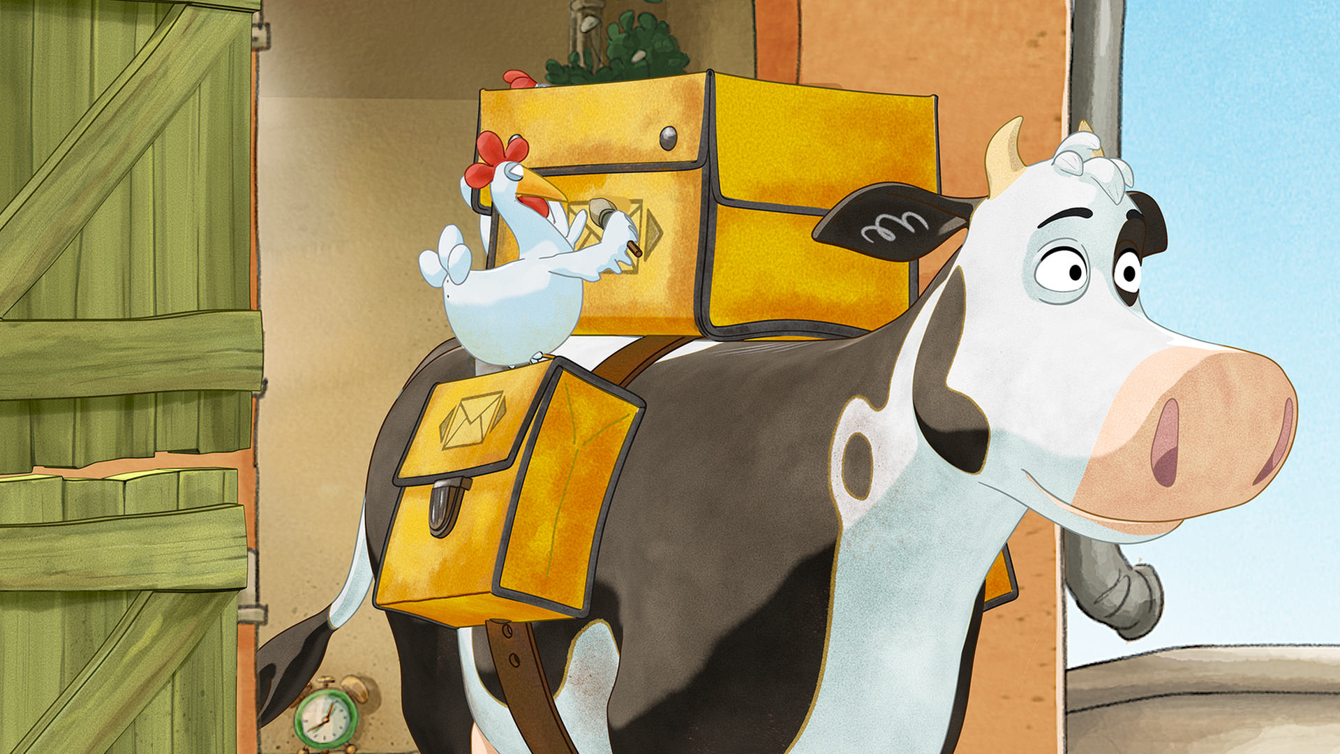 Ein Huhn hilft Lieselotte dabei den Postkorb auf ihrem Rücken festzumachen.