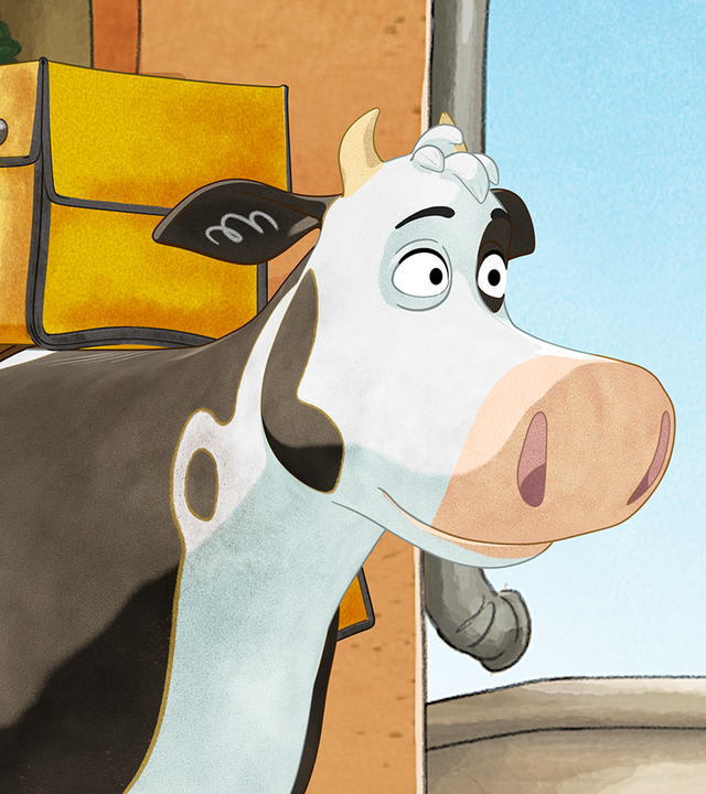 Ein Huhn hilft Lieselotte dabei den Postkorb auf ihrem Rücken festzumachen.