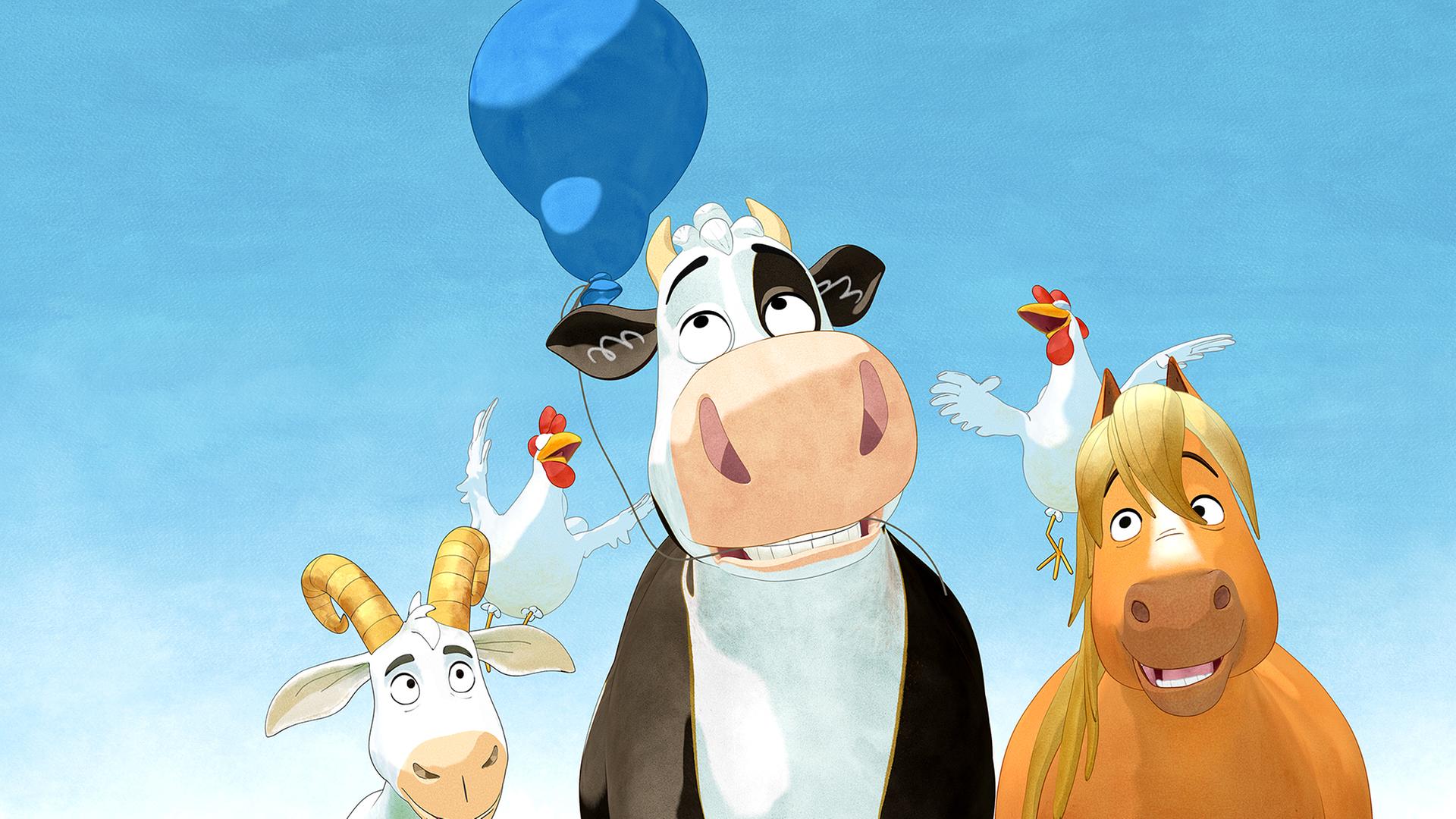 Lieselotte hat den Luftballon und rennt damit den Hühnern, der Ziege und dem Pferd davon.