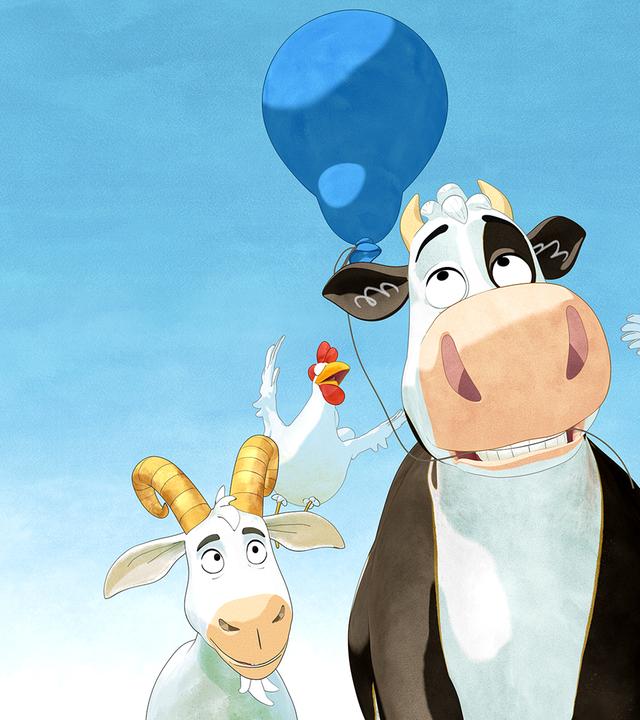 Lieselotte hat den Luftballon und rennt damit den Hühnern, der Ziege und dem Pferd davon.