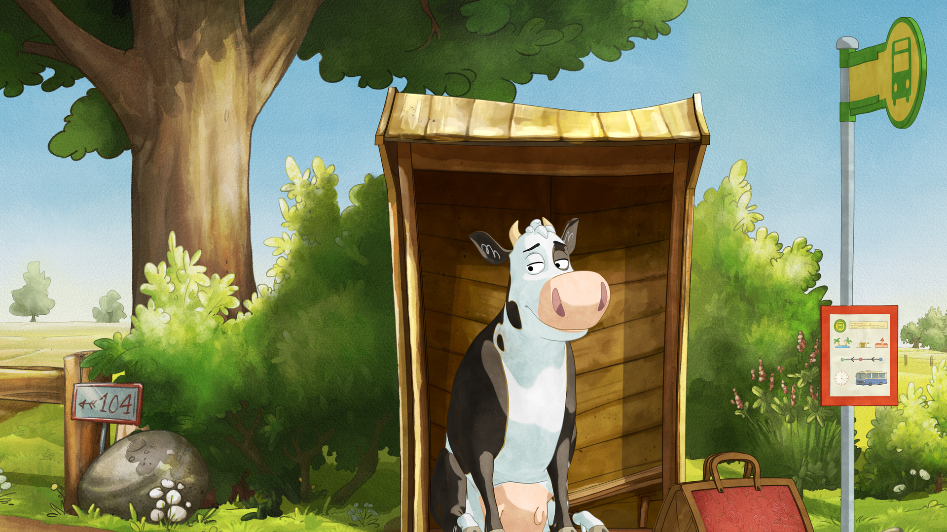 Lieselotte sitzt mit ihrer Reisetasche an der Haltestelle.