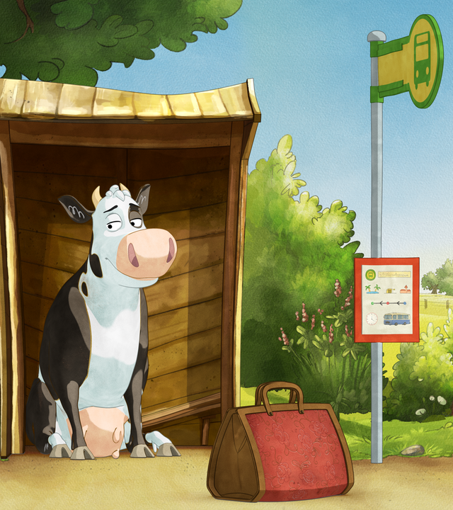 Lieselotte sitzt mit ihrer Reisetasche an der Haltestelle.