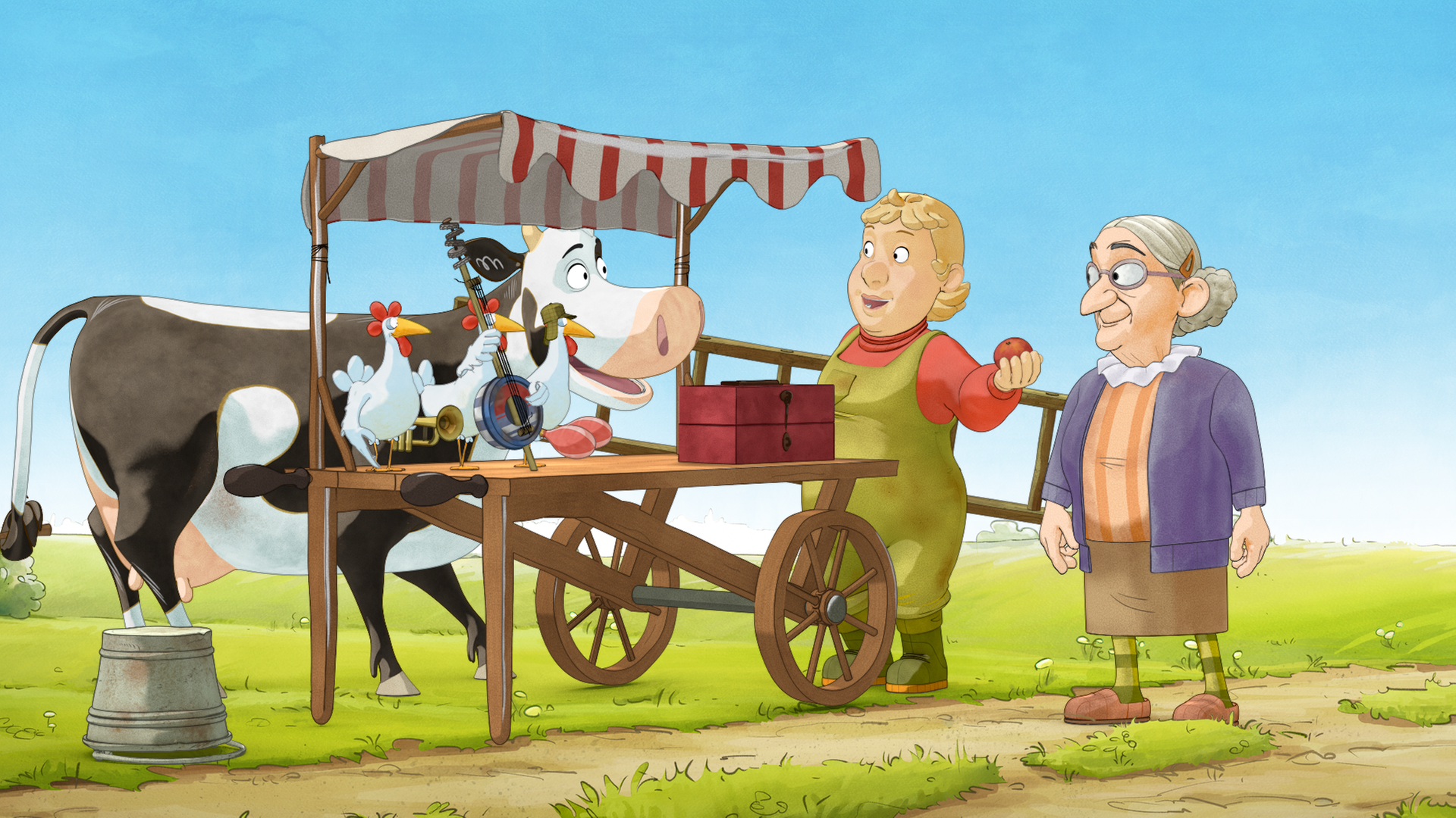 Lieselotte steht hinter einem Holzkarren und lächelt ihre Bäuerin und eine alte Frau an, die davor stehen. Auf dem Holzkarren sitzen drei Hühner, die Musikinstrumente in den Händen haben.