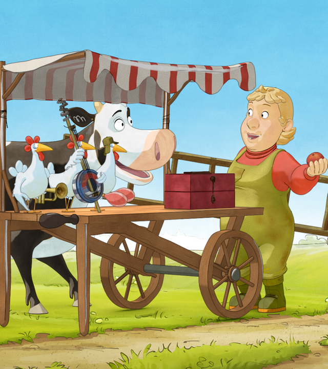 Lieselotte steht hinter einem Holzkarren und lächelt ihre Bäuerin und eine alte Frau an, die davor stehen. Auf dem Holzkarren sitzen drei Hühner, die Musikinstrumente in den Händen haben.