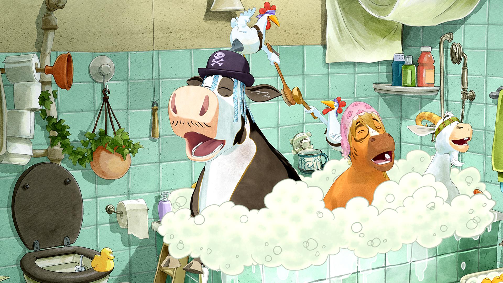 Lieselotte hat einen Piratenhut auf und sitzt mit dem Pferd und der Ziege in einer Badewanne mit viel Schaum.