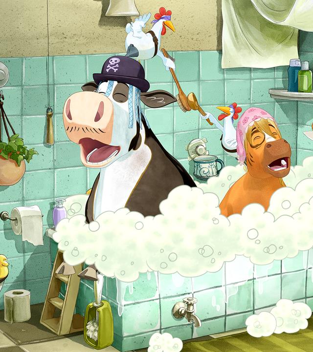 Lieselotte hat einen Piratenhut auf und sitzt mit dem Pferd und der Ziege in einer Badewanne mit viel Schaum.