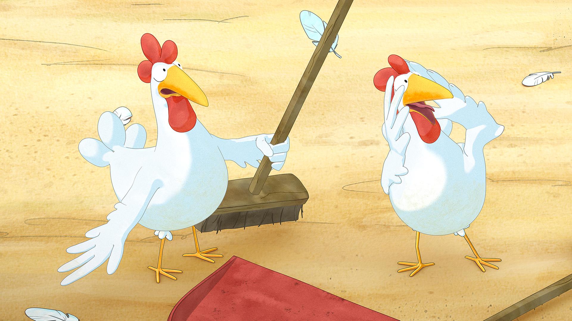Zwei Hühner helfen mit Besen beim Putzen. Um sie herum fliegen einige Federn von ihnen durch die Luft und beide schauen ganz erschrocken mit weit aufgerissenen Augen.