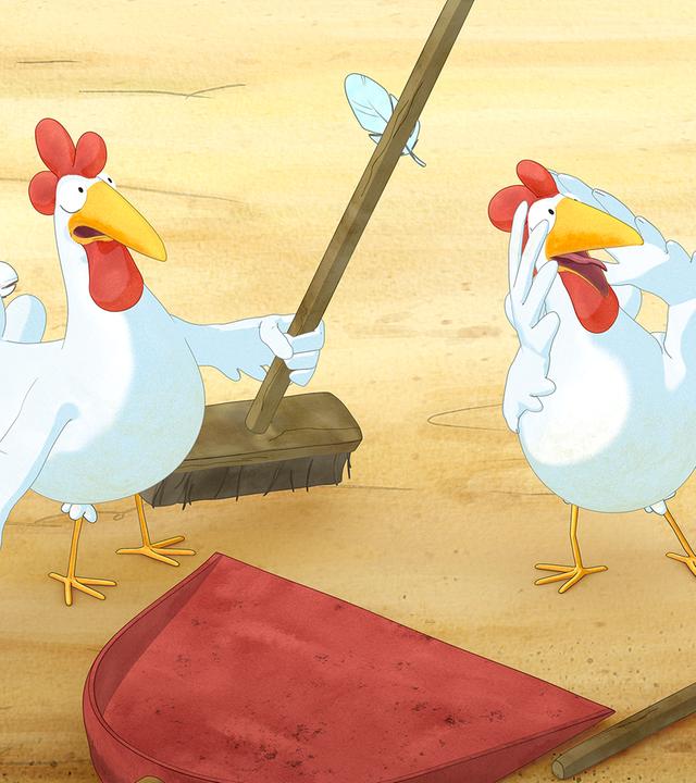 Zwei Hühner helfen mit Besen beim Putzen. Um sie herum fliegen einige Federn von ihnen durch die Luft und beide schauen ganz erschrocken mit weit aufgerissenen Augen.