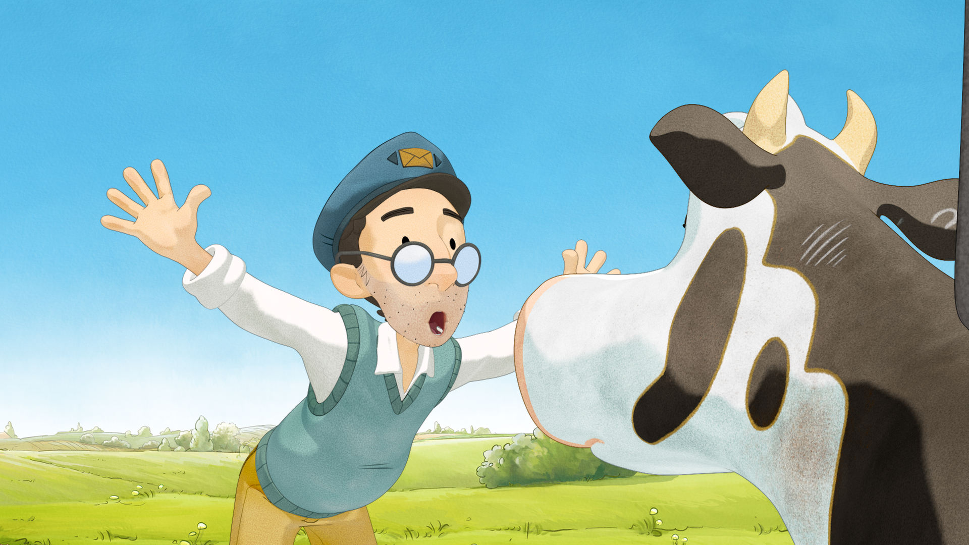 Der Postbote versucht Lieselotte zu erschrecken. Er steht mit aufgerissenem Mund und weit ausgestreckten Armen vor ihr.