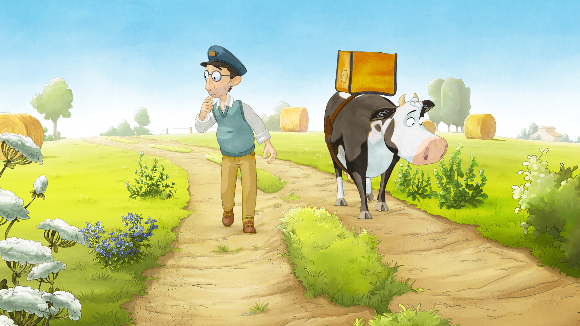 Der Postbote (links) und Lieselotte (rechts) laufen einen Weg entlang und gucken sich suchend um.