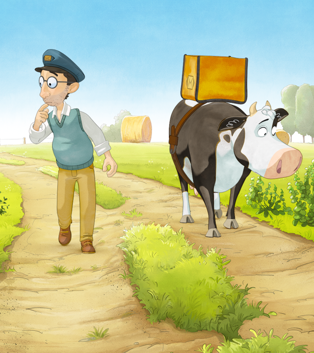 Der Postbote (links) und Lieselotte (rechts) laufen einen Weg entlang und gucken sich suchend um.