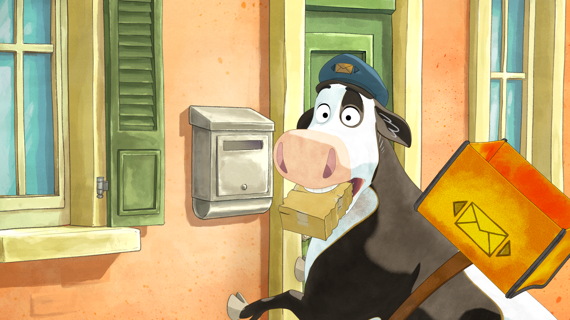 Lieselotte steht mit einem Päckchen im Mund vor einem Briefkasten.