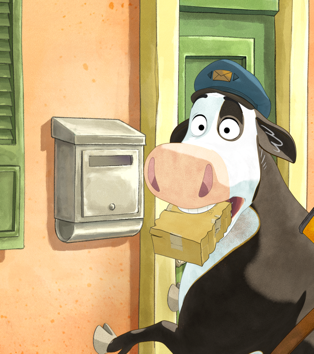 Lieselotte steht mit einem Päckchen im Mund vor einem Briefkasten.