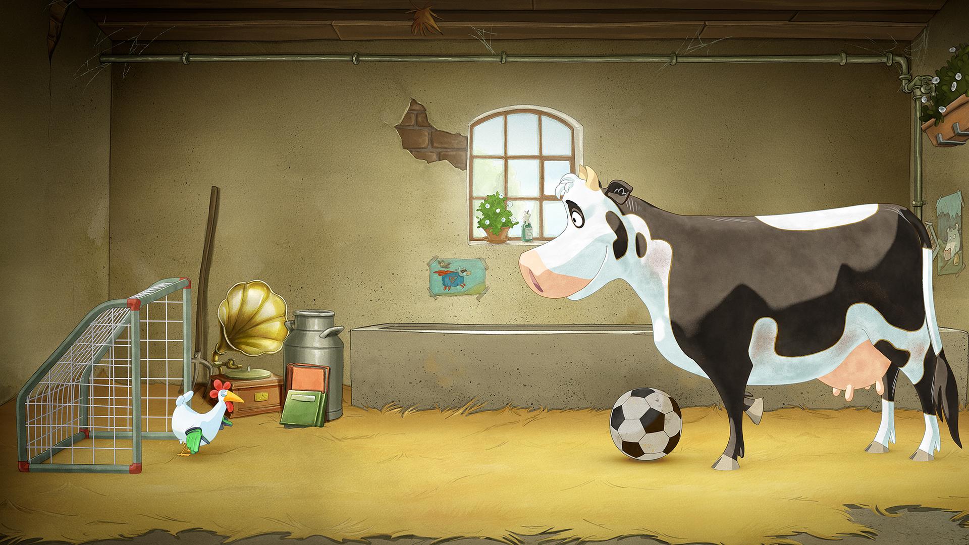 Ein Huhn steht im Tor (links) und Lieselotte steht mit einem Ball am Fuß kurz davor.