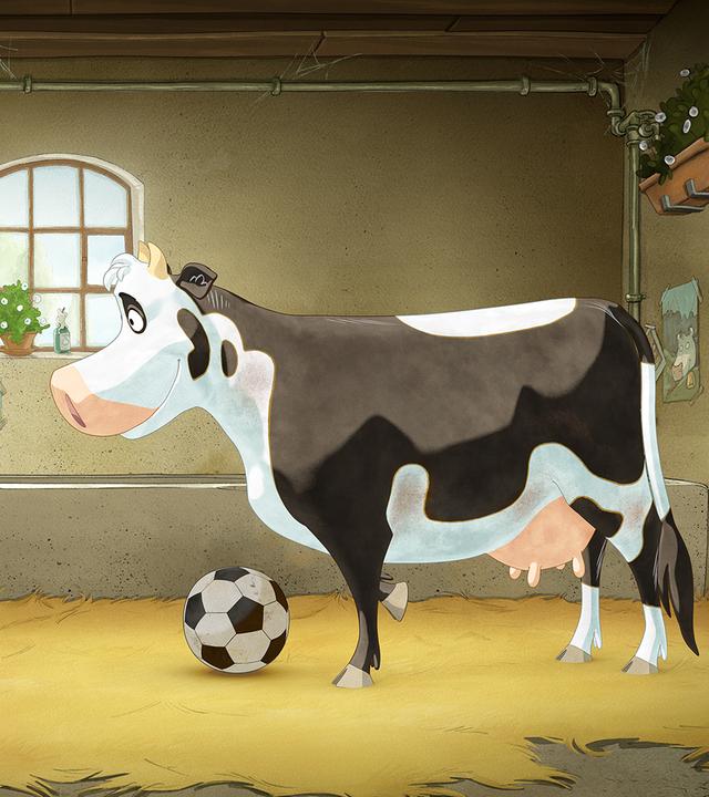 Ein Huhn steht im Tor (links) und Lieselotte steht mit einem Ball am Fuß kurz davor.