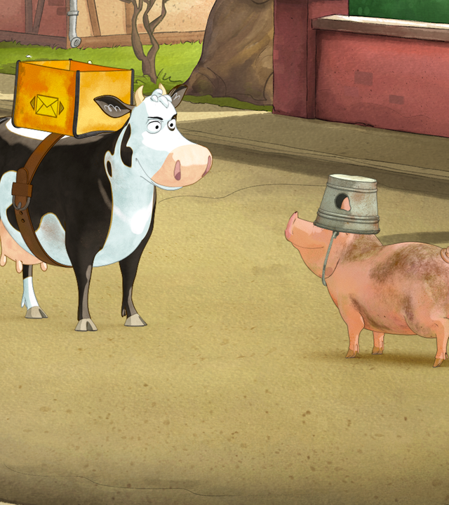 Lieselotte steht mit ihrer Postkiste auf dem Rücken auf einer Straße einem Schwein gegenüber. Das Schwein trägt einen Eimer wie einen Helm auf dem Kopf.