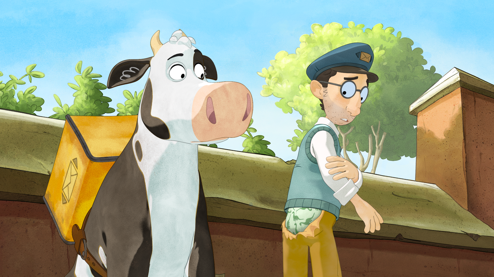 Der Postbote betrachtet unglücklich seine gerissene Hose. Man sieht seine Dino-Unterhose. Nebendran steht Lieselotte.